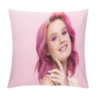 Personality  Young Woman With Colorful Hair And Makeup Posing With Hand Near Face Isolated On Pink Pillow Covers