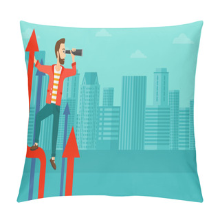 Personality  Man With Spyglass On Rising Arrow. Pillow Covers