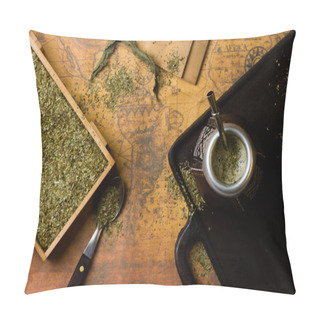 Personality  Yerba Mate, Antique Map. Dry Herb. Top View. Vintage Background Pillow Covers