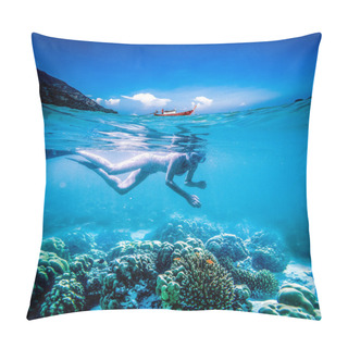 Personality  Woman Snorkeling In Clear Tropical Waters, Split Image Of Underwater And Longtail Boat On Surface - Active Holiday Pillow Covers