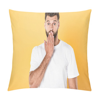 Personality  Shocked Handsome Man In White T-shirt With Hand On Mouth Isolated On Yellow Pillow Covers