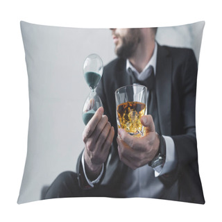Personality  Partial View Of Adult Man In Suit Holding Hourglass And Glass Of Whiskey Pillow Covers