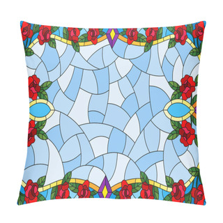 Personality  Illustration In Stained Glass Style With A Frame Of Red Intertwined Roses On A Blue Background Pillow Covers