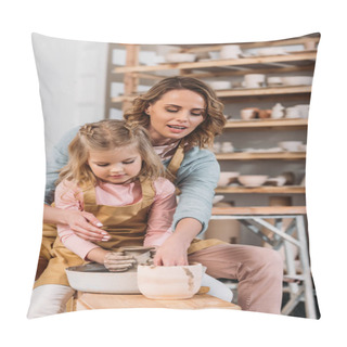 Personality  Mother And Daughter Making Ceramic Pot On Pottery Wheel Together Pillow Covers