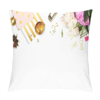 Personality  Flat Lay. Flower On The Table.  Gold Pineapple, Brush Pattern And Gold Polka Dots Pattern. Table View. Business Accessories. Mock-up Background. Peonies, Glamour Style. Pillow Covers