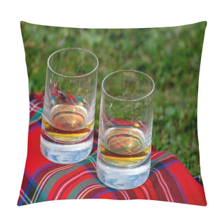 Personality  Glasses Of Scotch Single Malt Or Blended Whisky On Red Tartan On Green Grass With Many White Daisy Flowers, Spring In Scotland Pillow Covers
