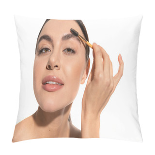 Personality  Brunette Woman Styling Eyebrows With Brush And Gel Isolated On White  Pillow Covers