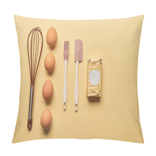 Personality  Flat Lay With Balloon Whisk, Eggs, Spatula, Bakery Brush And Butter On Yellow Background Pillow Covers