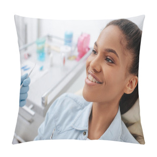 Personality  Orthodontist In Holding Dental Instruments Near Happy African American Patient In Braces Pillow Covers