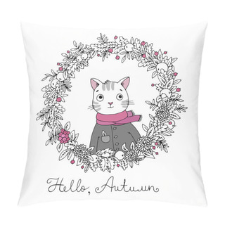Personality  Wreath Of Autumn Leaves. Cute Cartoon Cat. Pillow Covers