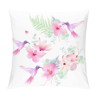 Personality  Delicate Tropical Flowers With Flying Hummingbirds Vector Design Pillow Covers