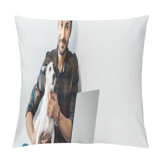 Personality  Panoramic Shot Of Handsome And Smiling Bi-racial Man With Laptop Holding Jack Russell Terrier Pillow Covers