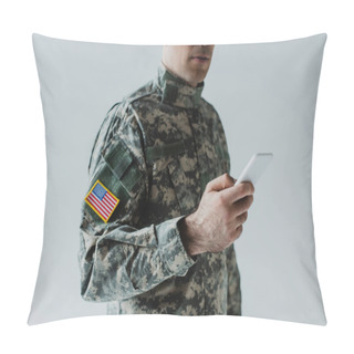 Personality  Cropped View Of American Serviceman Using Smartphone Isolated On Grey  Pillow Covers