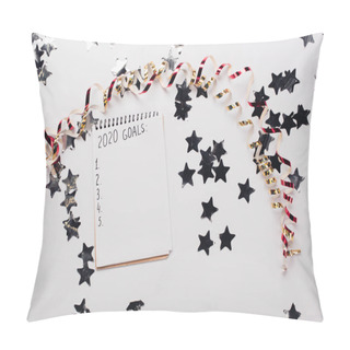 Personality  Top View Of Notebook With 2020 Goals List With Empty Points Near Decorative, Shiny Stars And Serpentine On White Table Pillow Covers
