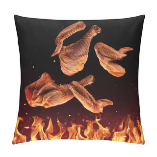 Personality  Flying Raw Chicken Pieces Above Grill Flames, Isolated On Black Background. Concept Of Flying Food, Very High Resolution Image Pillow Covers