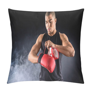 Personality  Young African American Boxer Putting On Gloves On Black Pillow Covers