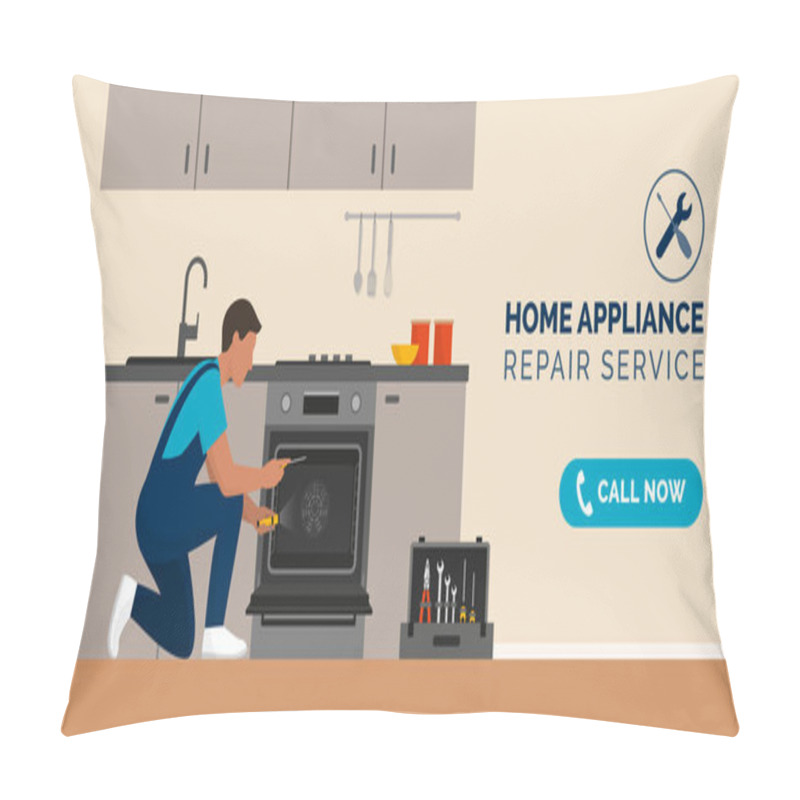 Personality  Expert repairman fixing a broken oven in a kitchen, home appliance repair service concept pillow covers