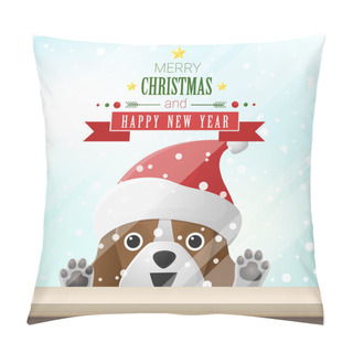 Personality  Merry Christmas And Happy New Year Background With Dog Standing Behind Window , Vector , Illustration Pillow Covers