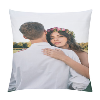 Personality  Beautiful Young Bride In Floral Wreath Hugging With Groom And Looking At Camera In Park Pillow Covers