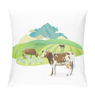 Personality  Label Illustration With Happy Cows Graze On Alpine Meadows, On Mountain Landscape Background. Pillow Covers