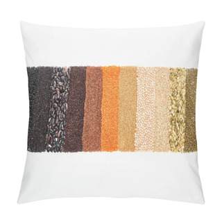 Personality  Top View Of Assorted Black Beans, Rice, Quinoa, Buckwheat, Chickpea, Red Lentil And Pumpkin Seeds Isolated On White Pillow Covers