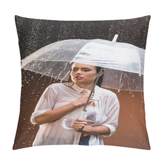 Personality Young Woman In Wet White Shirt Standing Under Rain With Transparent Umbrella On Dark Background Pillow Covers