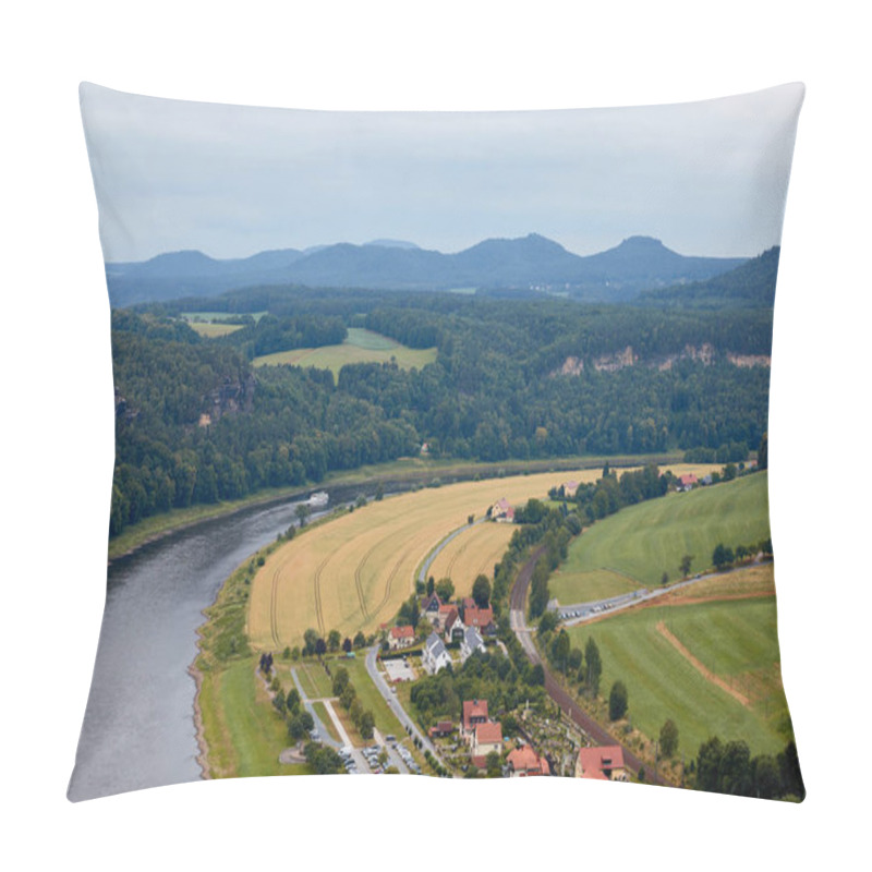 Personality  aerial view of beautiful elbe river, fields and houses in Rathen, Germany pillow covers