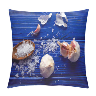 Personality  Garlic And Salt Spread On A Blue Wooden Table Pillow Covers