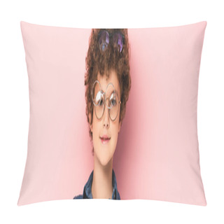 Personality  Panoramic Shot Of Curly Boy In Bunch Of Eyeglasses Looking At Camera On Pink   Pillow Covers