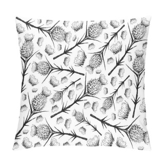 Personality  Herbal Flower And Plant, Hand Drawn Background Of Silybum Marianum, Cardus Marianus Or Milk Thistle Plant, Used To Treat Alcoholic Liver Disease And Gallbladder Problems. Pillow Covers