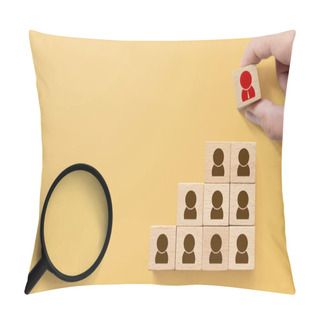 Personality  Human Resource And Talent Management And Recruitment Business Concept, Hand Putting Wood Cube Block On Top Staircase And Magnifying Glass On Yellow Background Pillow Covers