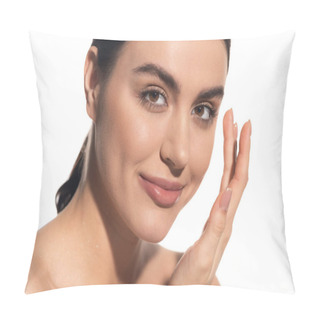 Personality  Satisfied Woman With Natural Makeup Looking At Camera Isolated On White Pillow Covers