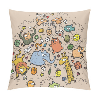 Personality  Composition Of Funny Animals And Objects: Hand Drawn Vector Illu Pillow Covers