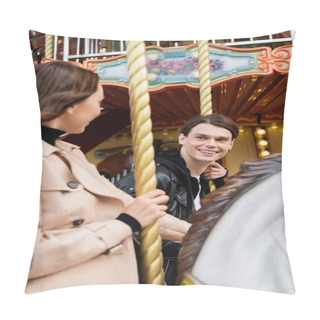 Personality  Happy Young Man Looking At Girlfriend Riding Carousel Horse In Amusement Park Pillow Covers