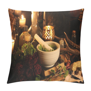 Personality  Black Magic Spells. Wiccan Spells And Herbs. Still Live: Old Oil Lamps, Antique Books, Dried Rose Buds, A Burning Candle In A Copper Bowl, Medicine Bottles, Lavender, Pulsatilla Pratensis On An Antique Background. Wicca Background. Pillow Covers