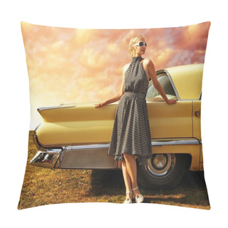 Personality  Beautiful Lady Standing Near Retro Car Pillow Covers