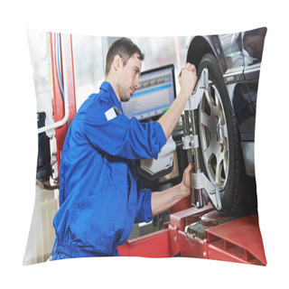 Personality  Auto Mechanic At Wheel Alignment Work With Spanner Pillow Covers