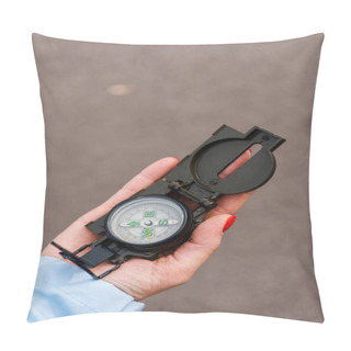 Personality  Top View Of Woman Holding Retro Compass Outside  Pillow Covers