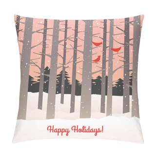 Personality  Woods In Winter With Falling Snow And Cardinals. Tall Bare Trees On Pink Background. Pillow Covers