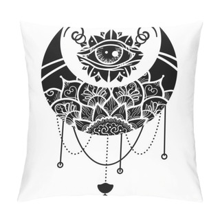 Personality  Mandala With Floral Ornament Vector Illustration. Crescent Moon Contour Symbol. Third Eye Ethnic Mascot. Zentangle Ornament. Thin Line Art. Isolated Outline Drawing. Pillow Covers