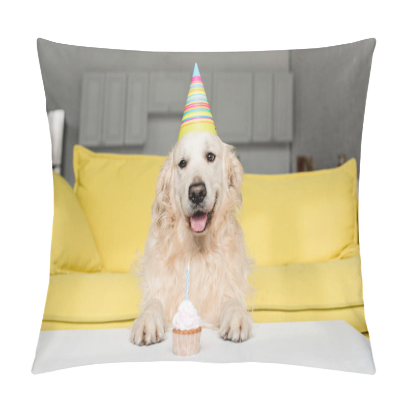 Personality  cute golden retriever in party cap with birthday cupcake in apartment  pillow covers