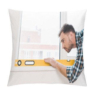 Personality  Handsome Handyman Holding Measuring Level Near Window In Room Pillow Covers