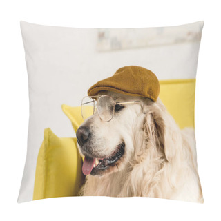 Personality  Funny, Adorable, Cute Golden Retriever In Cap And Glasses  Pillow Covers
