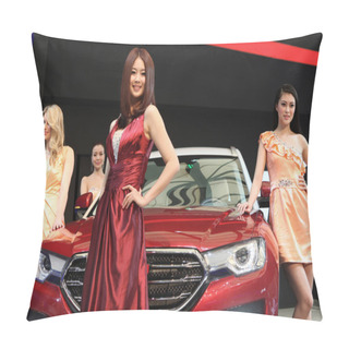 Personality  Models Pose With A Haval H7 SUV Of Great Wall Motors During The 15th Shanghai International Automobile Industry Exhibition, Known As Auto Shanghai 2013, In Shanghai, China, 22 April 2013 Pillow Covers