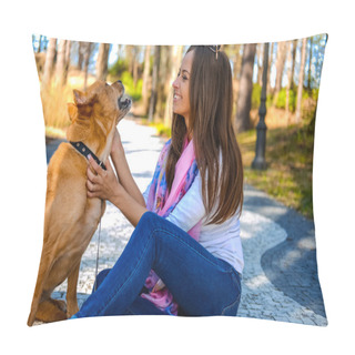 Personality  Brunette Woman With Brown Dog Pillow Covers
