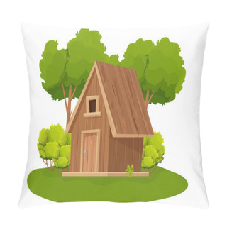 Personality  Forest Hut, Wooden House Or Cottage Decorated With Trees, Grass And Bush In Cartoon Style Isolated On White Background. Cabin, Country Building With Roof, Window And Door.  Pillow Covers