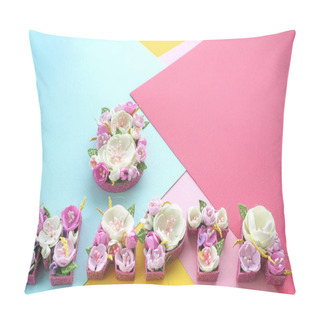 Personality  The Inscription March 8 Is Lined With Multicolored Flowers Of Pastel Shades In Russian Letters On An Abstract Background Made Of Colored Paper. Copy Space. Pillow Covers