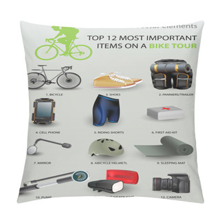 Personality  Top 12 Most Important Items On A Bike Tour. Vector Set. Pillow Covers