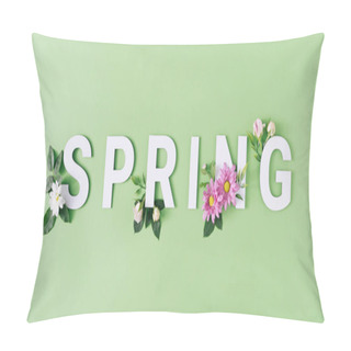 Personality  Spring Letters With White And Pink Flowers Against Pastel Green Background. Minimal Nature Season Concept. Pillow Covers