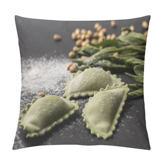 Personality  Selective Focus Of Green Ravioli, Sage And Scattered Flour And Pine Nuts On Black Table Pillow Covers